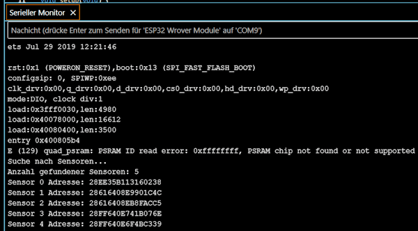 Ausgabe der Adressen der angeschlossenen DS18B20 Sensoren über seriellen Monitor