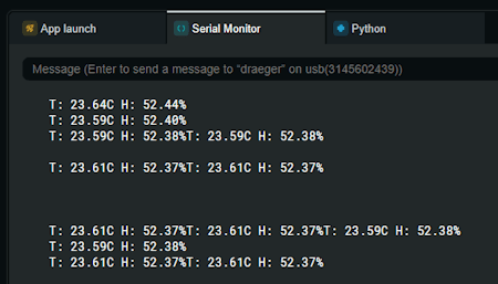 Ausgabe der Sensordaten vom Arduino Modulino Thermo im Seriellen Monitor des Arduino App Lab
