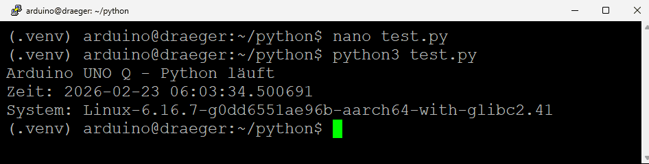 Ausgabe eines kleines Pythonprogramms auf dem Arduino UNO Q