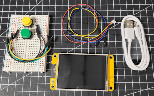 Cheap Yellow Display mit Anschlusskabel - Taster und Breadboardkabel
