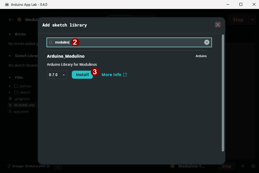 Installieren von Bibliotheken im Arduino App Lab - Step 2