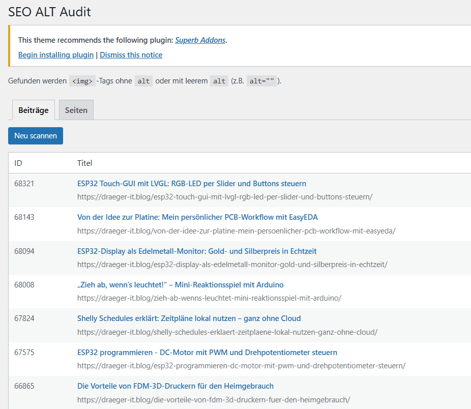 SEO ALT Audit - Auflistung der Beiträge mit fehlendem oder leeren ALT-Attribut
