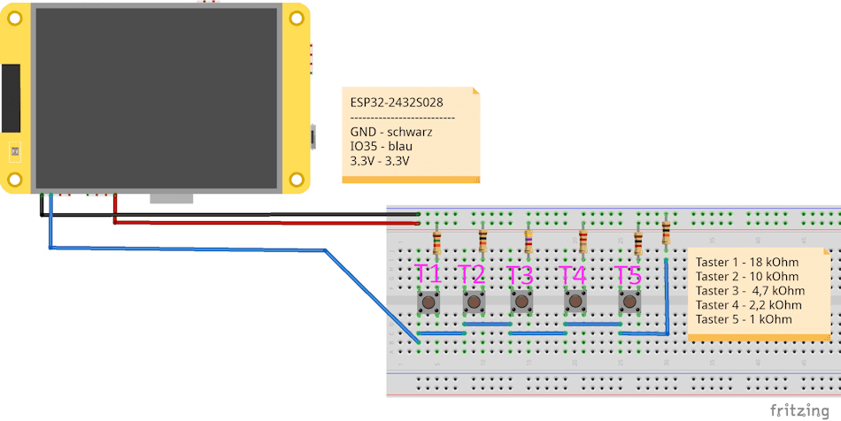 Schaltung - ESP32 - Cheap Yellow Display mit fünf Taster via ADC