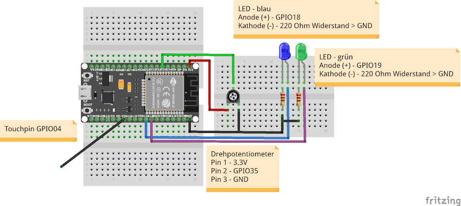 Schaltung - ESP32 mit Touchfunktion - wechselschalten von zwei LEDs