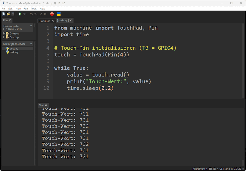 Thonny - Micropython mit ESP32 - Ausgabe der Touch-Werte