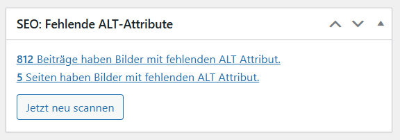 WP Dashboard - Anzahl Seiten und Beiträge mit fehlenden ALT-Attributen