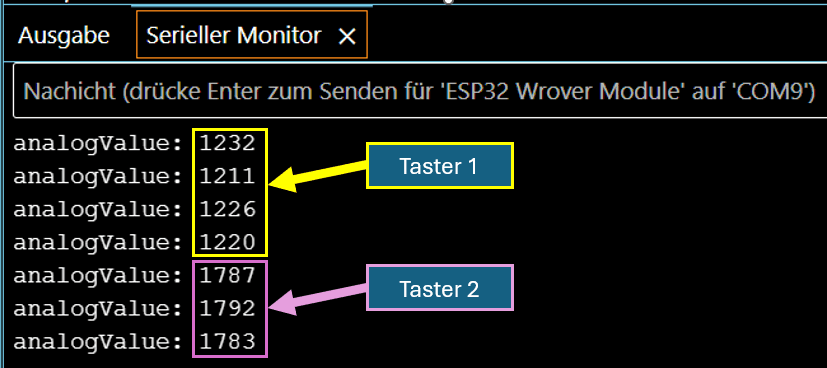 Widerstandsleiter mit Taster am ESP32 - Ausgabe analoger Daten im seriellen Monitor der Arduino IDE