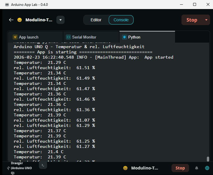 Workflow - Arduino App Lab - Step 5 - Ausgabe von Python print Befehle