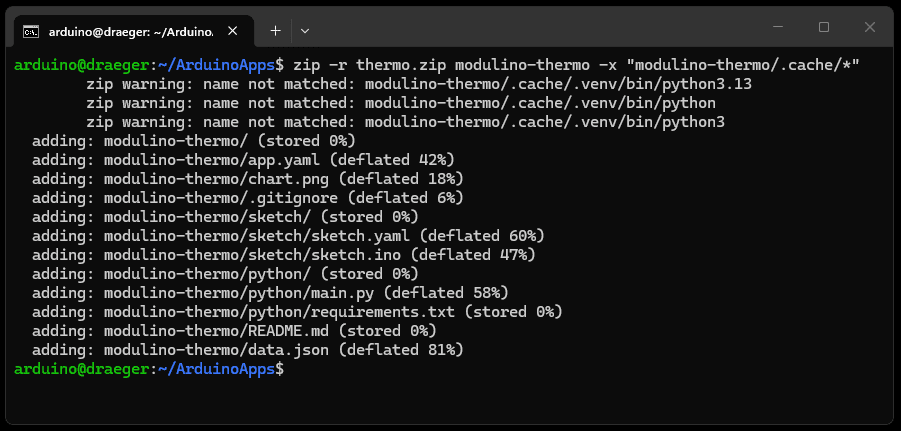 Arduino App Lab - Projektordner komprimieren und cache Ordner ausschliessen