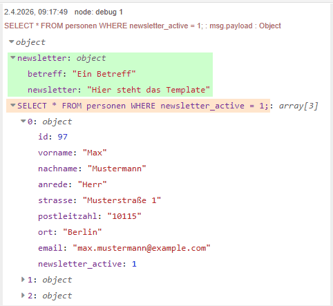 Ausgabe der Daten nach dem Join zweier Payloads