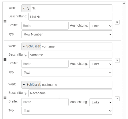 Auszug aus der Spaltenkonfiguration für die Tabelle mit den Daten aus der SQLite Datenbank