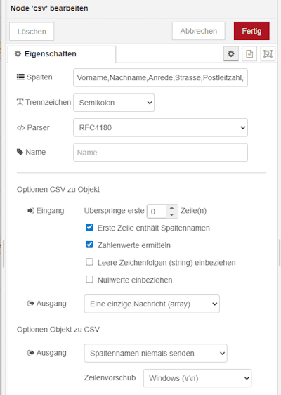 Konfiguration der CSV Node