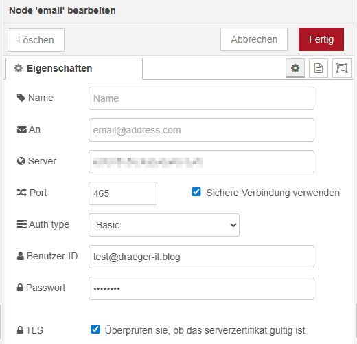 Konfiguration der E-Mail Node zum absenden