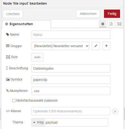 Konfiguration der File Upload Node in Node-RED