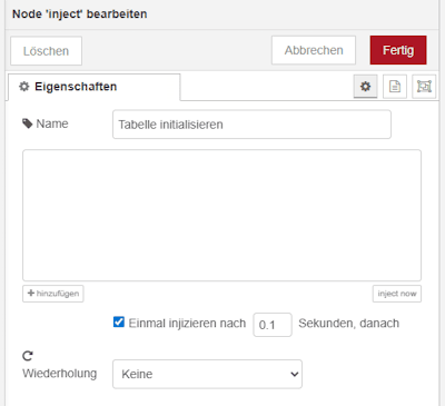 Konfiguration der Inject Node für das automatische starten des Flows