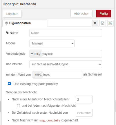 Konfiguration der Join Node für das verknüpfen zweier Payloads