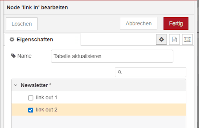 Konfiguration der Link IN Node zum aktualisieren der Tabelle