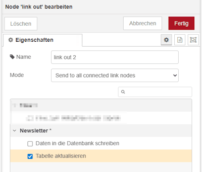 Konfiguration der Link Out Node für das aktualisieren der Tabelle
