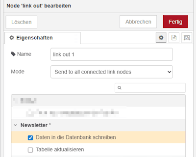 Konfiguration der Link Out Node für das einlesen der CSV-Datei