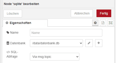 Konfiguration der SQLite Node