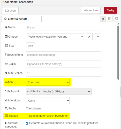 Konfiguration der Tabelle für das anzeigen von Daten aus der SQLite Datenbank