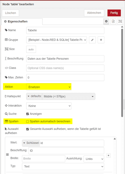 Konfiguration der Table Node