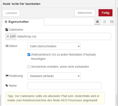 Konfiguration der Write File Node