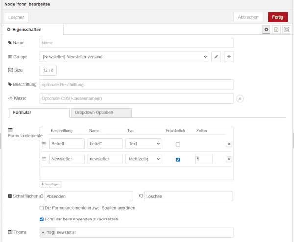 Konfiguration des Formulars für das Template des Newsletters
