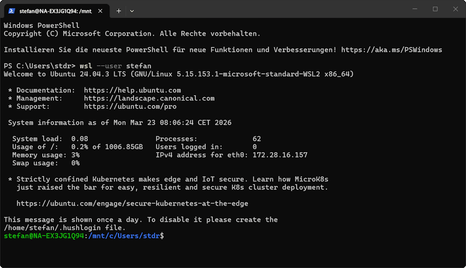 Microsoft Windows 11 mit WSL - Ubuntu - angemeldet