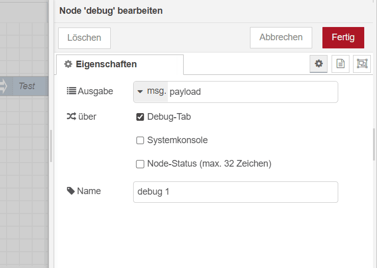 Node - Debug für die Ausgabe einer Debugmeldung