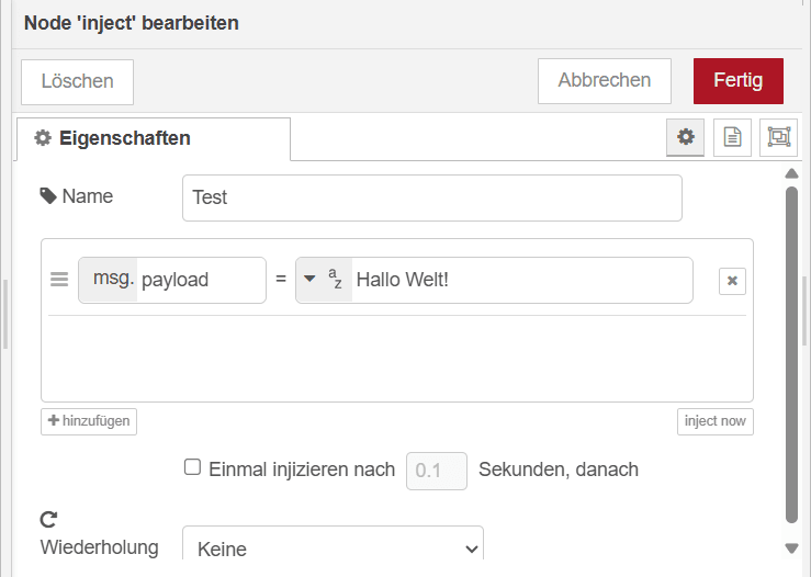 Node - Inject für die Übergabe des Textes