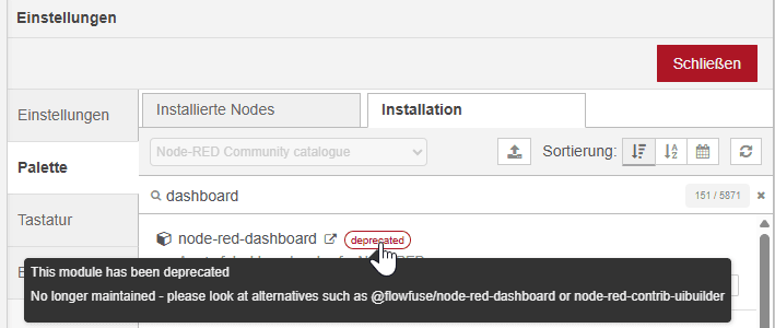 Node-RED Dashboard - deprecated Hinweis