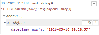 Node-RED - Debug-Tab mit Ausgabe eines Zeitstempels aus der SQLite Datenbank