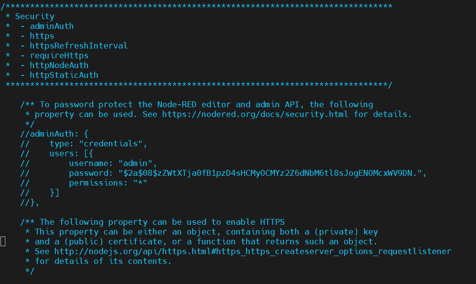 Node-RED - Einstellungen für das setzen eines Passwortes - Kommentierter Block in settings.js