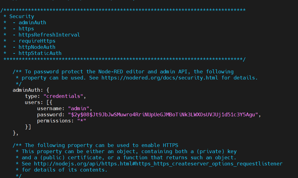Node-RED - Einstellungen für das setzen eines Passwortes - auskommentierter Block in settings.js
