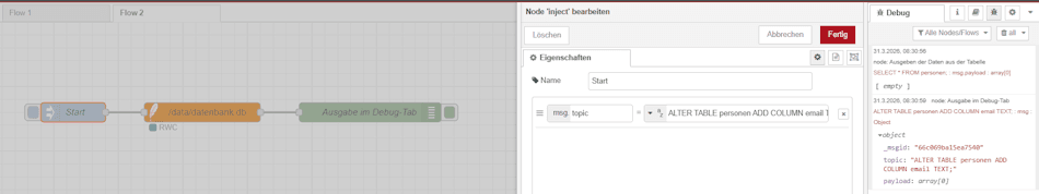 Node-RED - Flow zum ändern der Tabelle in der SQLite Datenbank
