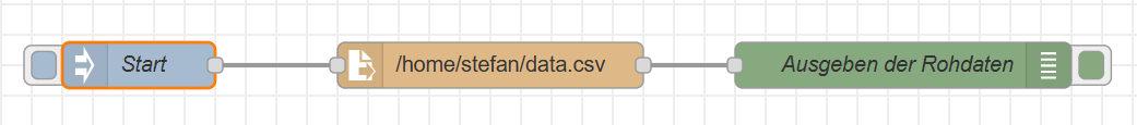Node-RED - Flow zum einlesen der CSV-Daten - Ausgabe im Debug-Tab