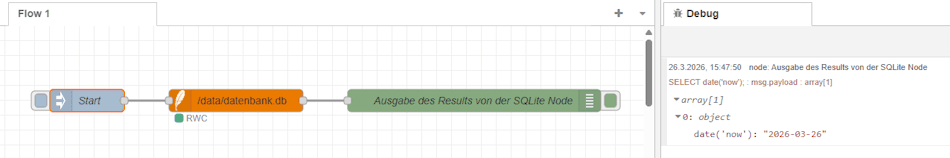 Node-RED Flow zum lesen eines Zeitstempels aus einer SQLite Datenbank