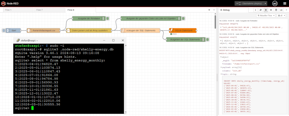 Node-RED - Flow zum speichern von Daten aus einer CSV-Datei in der SQLite Datenbank
