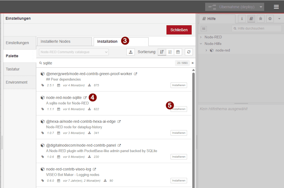 Node-RED - Installieren der SQLite Node - Step 2