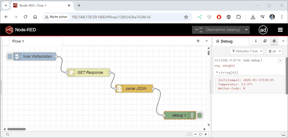 Node-RED - JSON Daten parsen und ausgeben