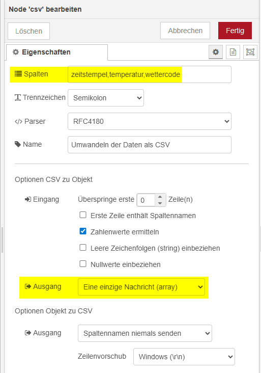 Node-RED - Konfiguration der CSV-Node für das ablegen der Daten in einem Array mit Keys