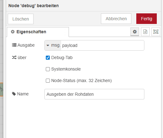 Node-RED - Konfiguration der Debug-Node für die Ausgabe der CSV-Daten