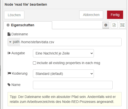 Node-RED - Konfiguration der Read-File-Node