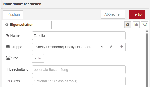 Node-RED - Konfiguration der Tabelle
