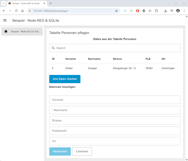 Node-RED - einfaches Dashboard für die Tabelle personen