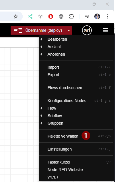 Node-RED - installieren der SQLite Nodes - Step 1