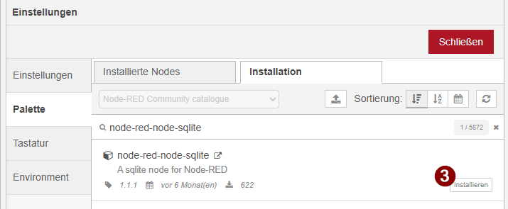 Node-RED - installieren der SQLite Nodes - Step 3