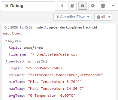 Node-RED - komplettes Nachrichten Objekt mit min,max und durschnittstemperatur