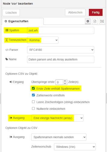 Node-RED - konfiguration der CSV-Node zum parsen der exportierten Daten